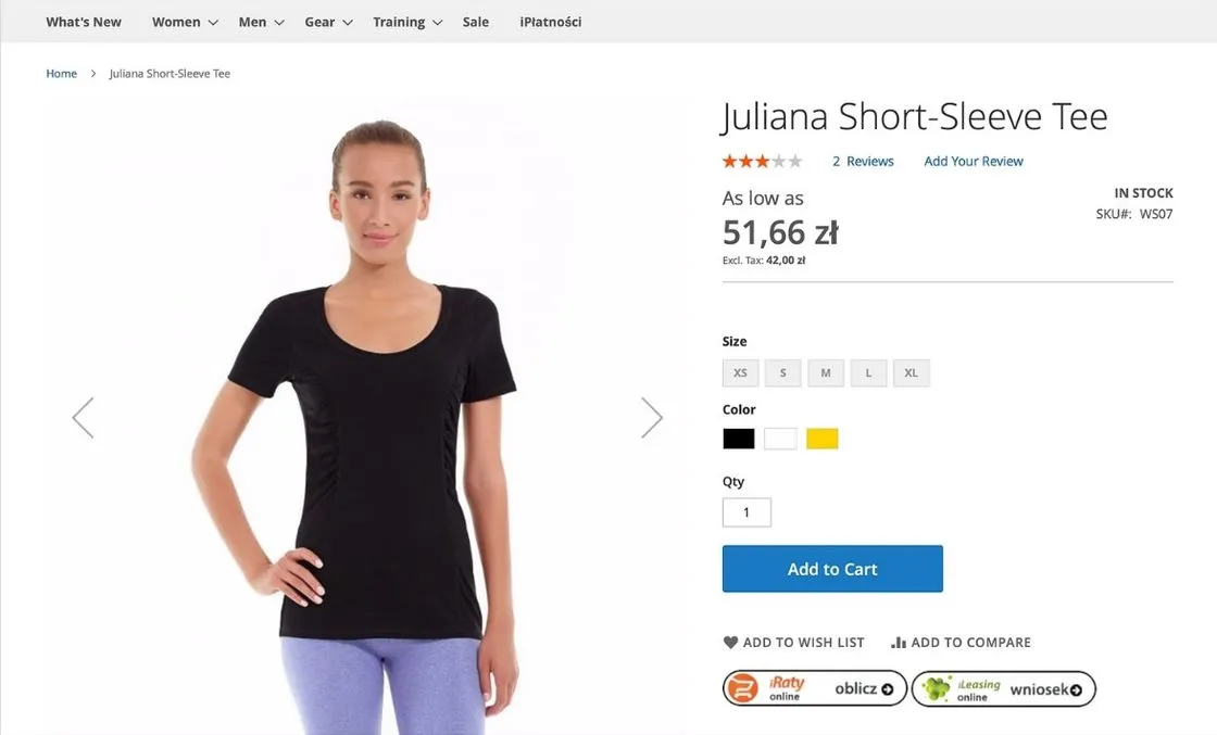 A product page in a Magento 2 store: the price, the size and colour choice and the Add to Cart button, and below it two module buttons — iRaty online labelled „oblicz” and iLeasing online labelled „wniosek”. The store's main menu carries an iPłatności item.