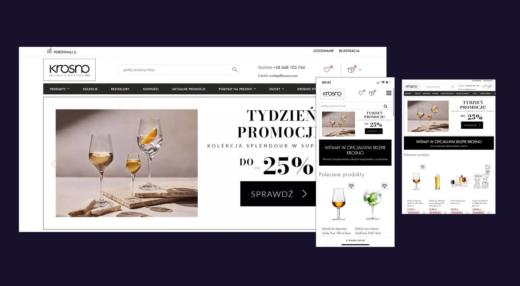 The Krosno store on Magento 2 in three views: the home page on desktop with the Splendour collection promotion banner, the same page on a phone, and on a tablet with the list of featured products.