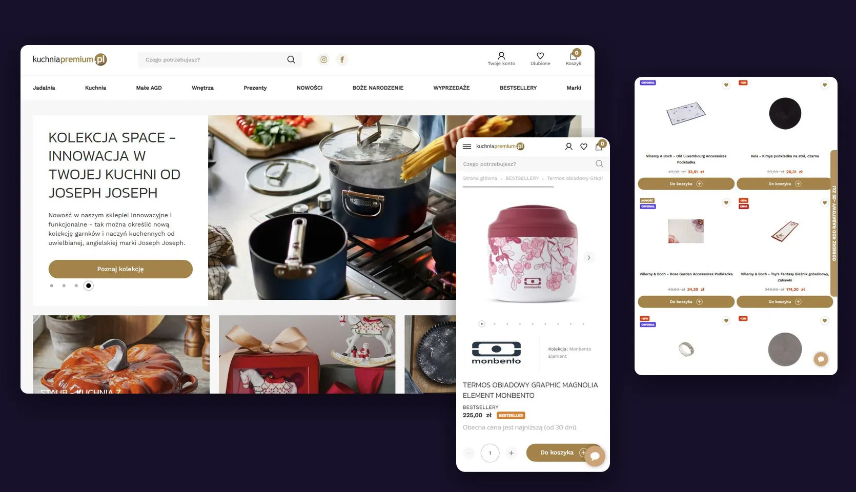 The kuchniapremium.pl store on Magento 2: the home page on a desktop screen, a product listing on a tablet and a product page in the mobile view