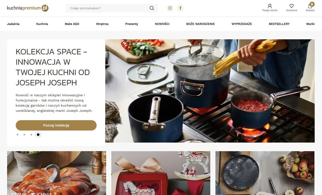 The kuchniapremium.pl home page: a Joseph Joseph collection banner above category tiles, with Jadalnia, Kuchnia, Małe AGD and Wnętrza in the menu