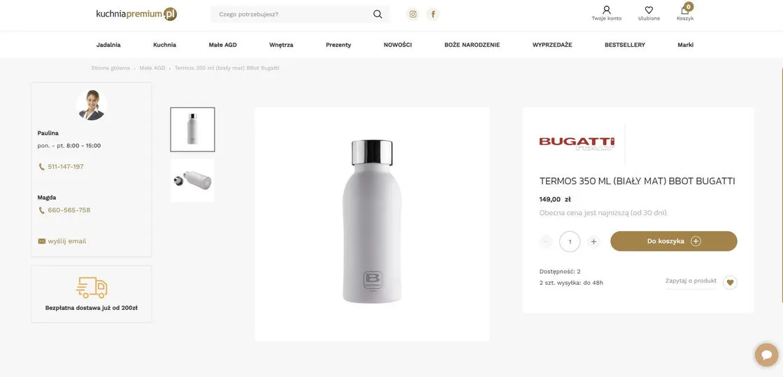 A product page in the kuchniapremium.pl store: a BBot Bugatti flask with its price, an availability note and an add-to-basket button