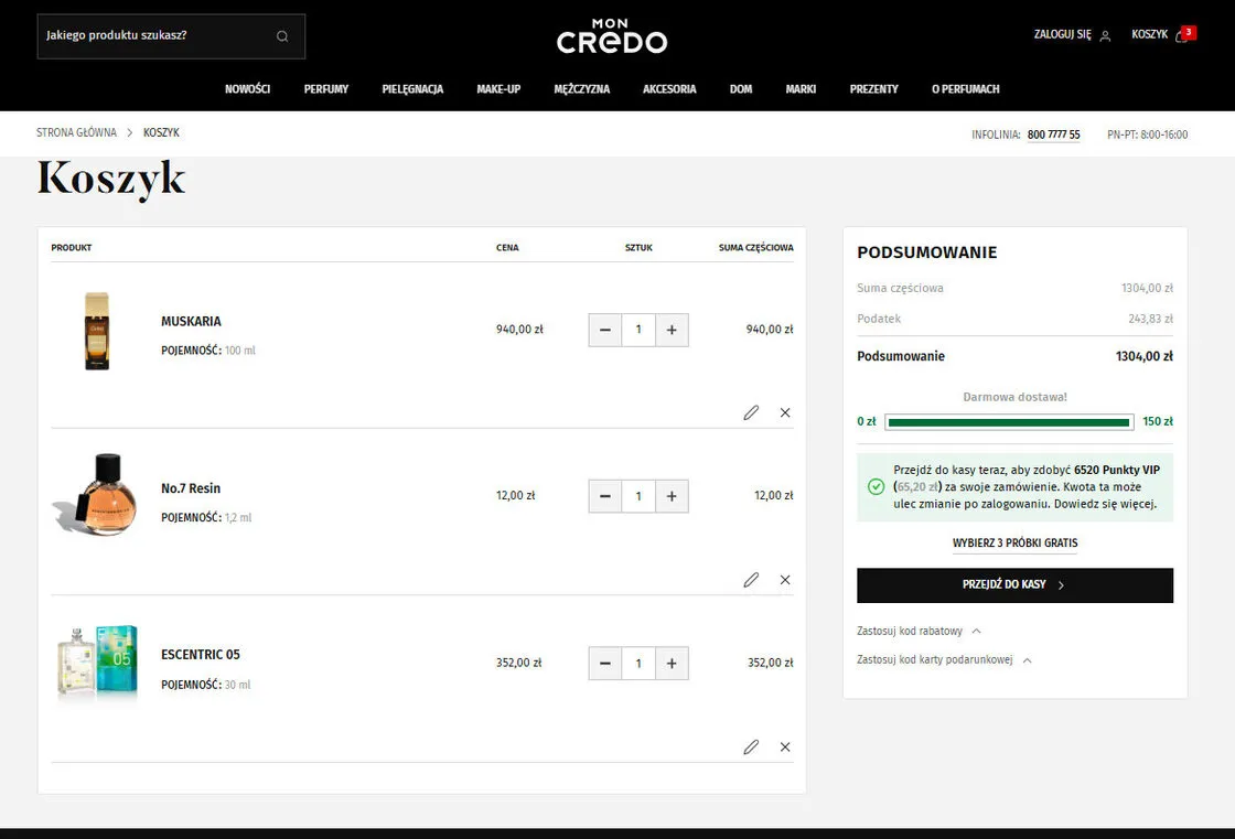 The Mon Credo basket with the order summary, the VIP points to be earned and the button for choosing three free samples