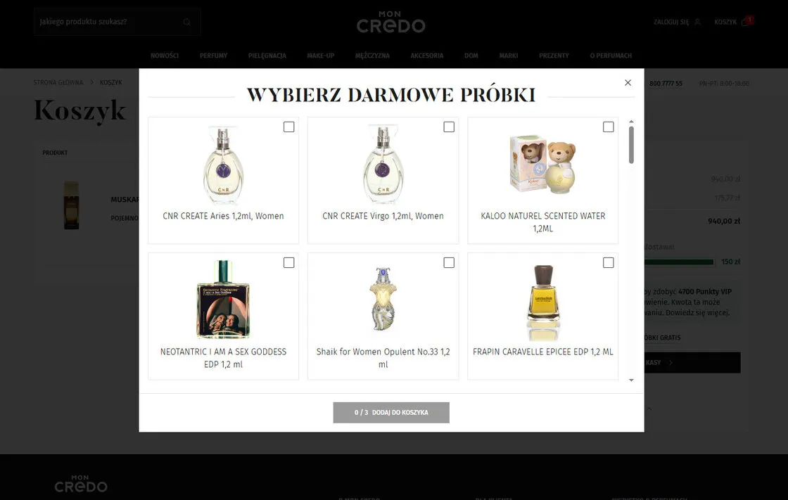 The free-samples picker in the Mon Credo basket, with a grid of perfume samples and a counter of the items chosen