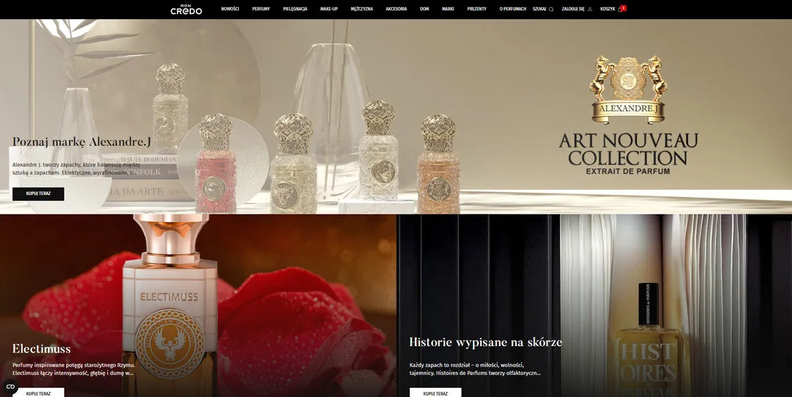 The Mon Credo home page on Magento 2: perfume and cosmetics category navigation with banners for Alexandre.J, Electimuss and Histoires de Parfums