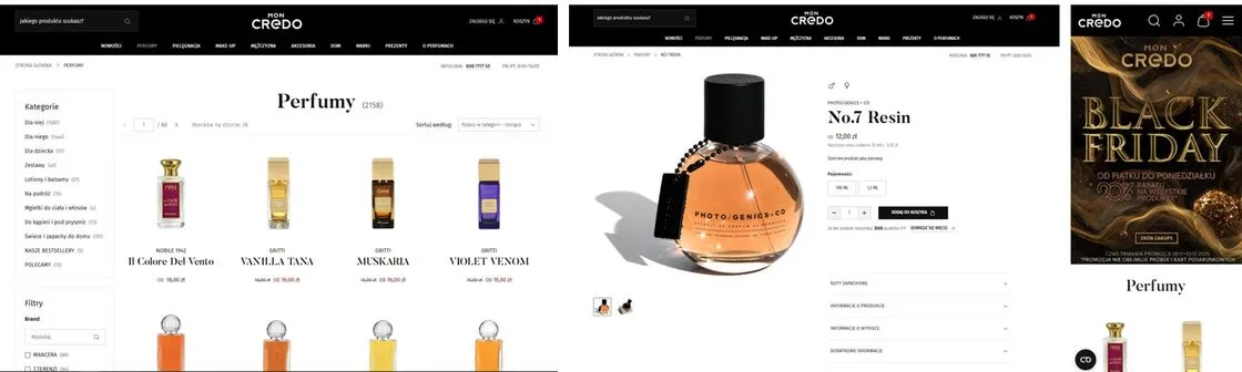Three views of the Mon Credo store side by side: the Perfumes category listing with filters, a product page and the mobile home page
