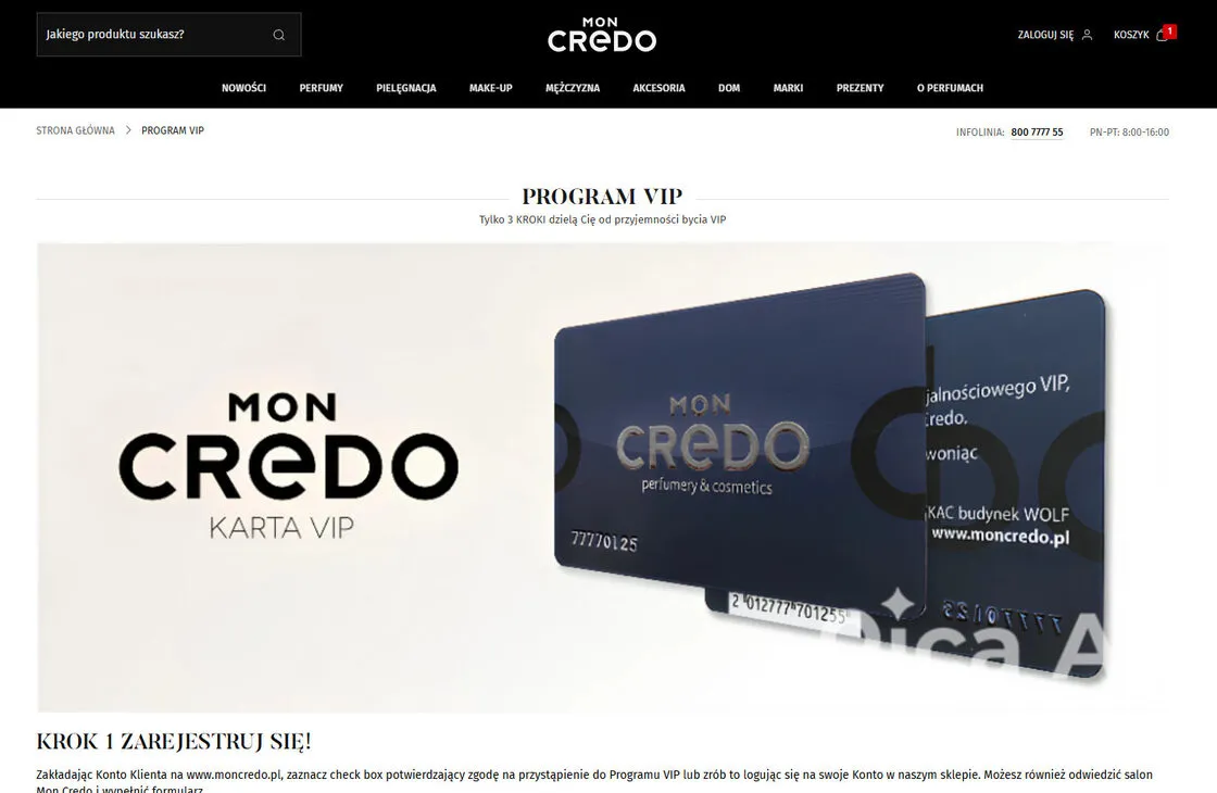 The VIP programme page in the Mon Credo store, with the loyalty card and the steps for joining