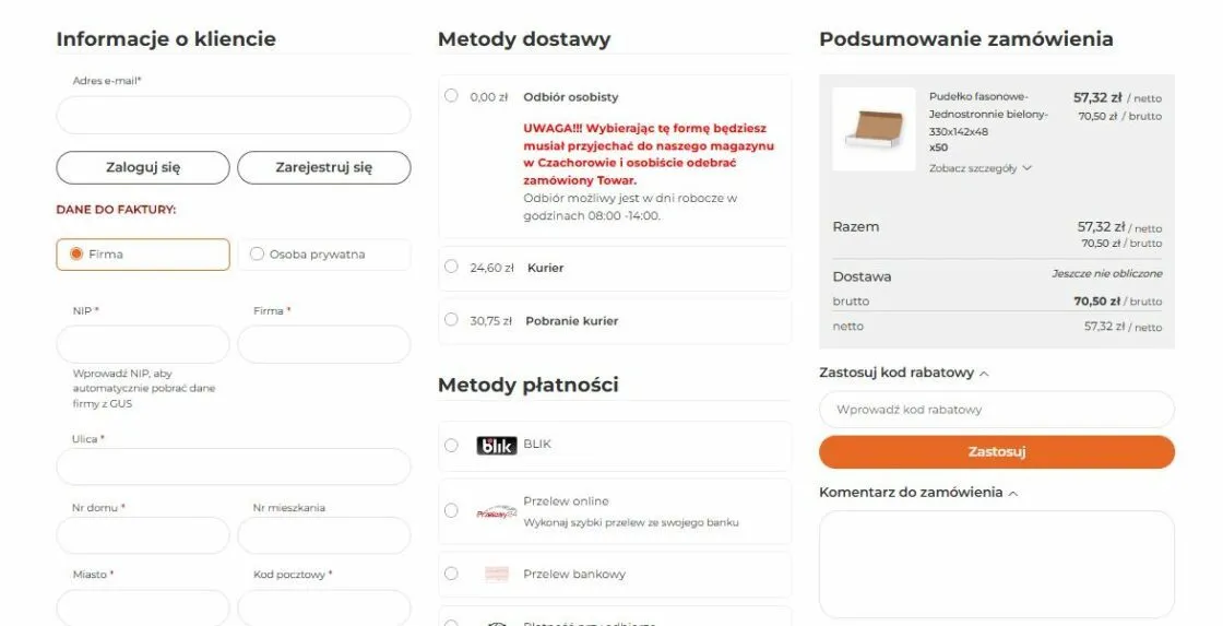 One Page Checkout in the Paxit store: a customer details column with “company” selected, a VAT number field pulling data from the business register, a column of delivery and payment methods with BLIK, and an order summary with net and gross prices
