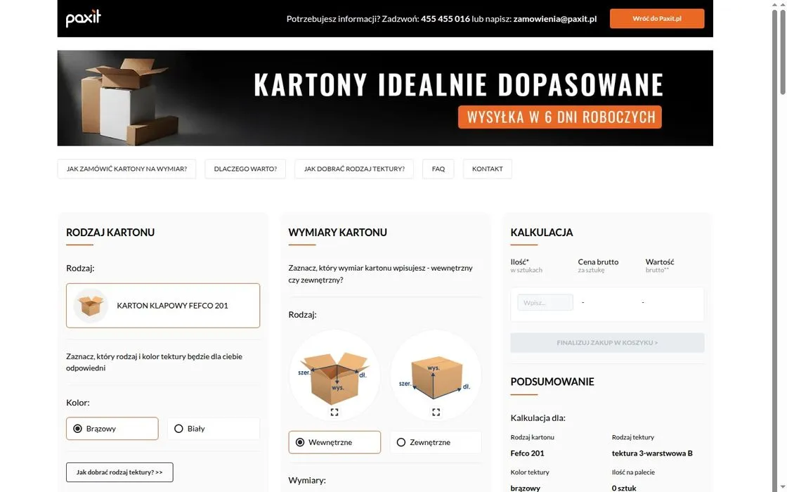 The Paxit custom-size carton configurator: a Fefco 201 flap carton, board colour, internal dimensions and the price calculation