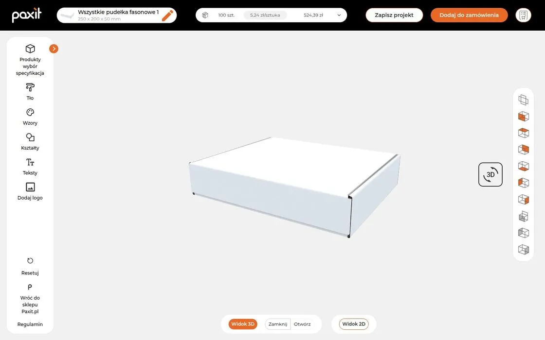 The Paxit print designer: a 3D preview of a white shaped box, the tool panel on the left and the unit price for a run of 100