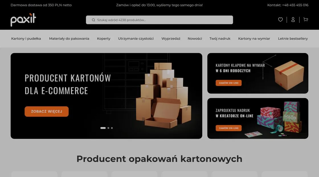 The Paxit home page on Magento 2: catalogue search, the packaging category menu and banners for custom-size cartons and the print designer