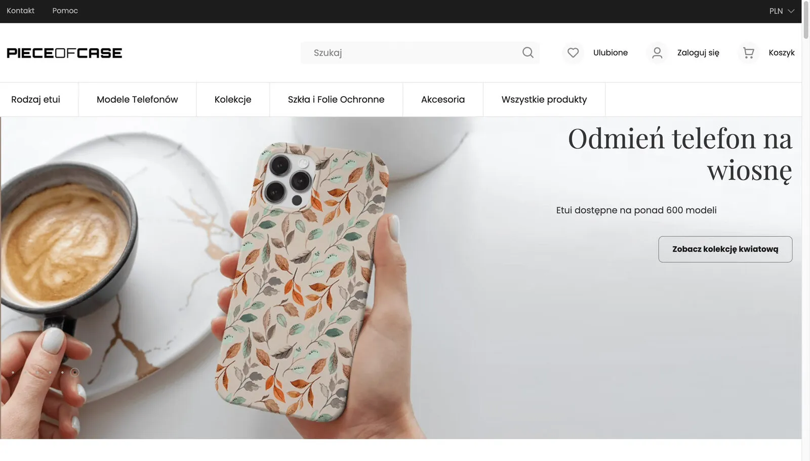 The Piece of Case home page on Magento 2: the category menu, a collection banner and a phone case in hand
