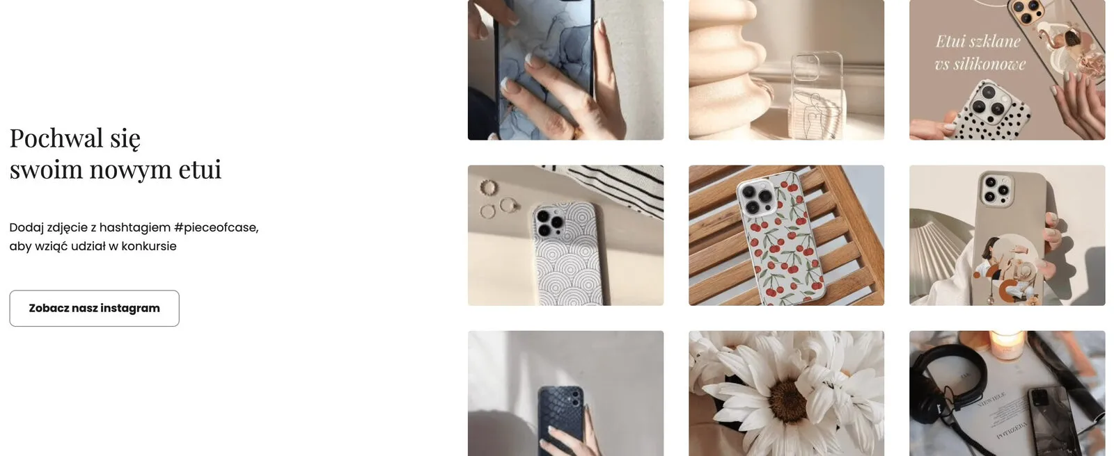 The Instagram block on the Piece of Case home page: a grid of nine photos of cases and a button through to the brand's profile