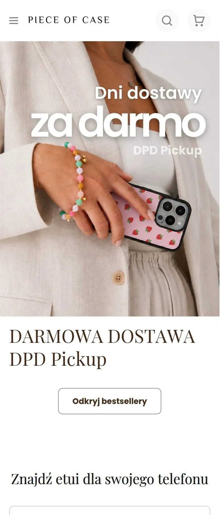 The Piece of Case store on a phone: a free delivery banner and a button through to the bestsellers