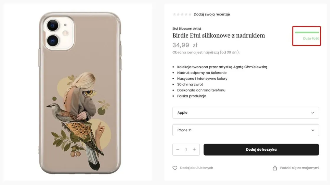 A Piece of Case product page with the brand and phone model pickers and the availability indicator highlighted