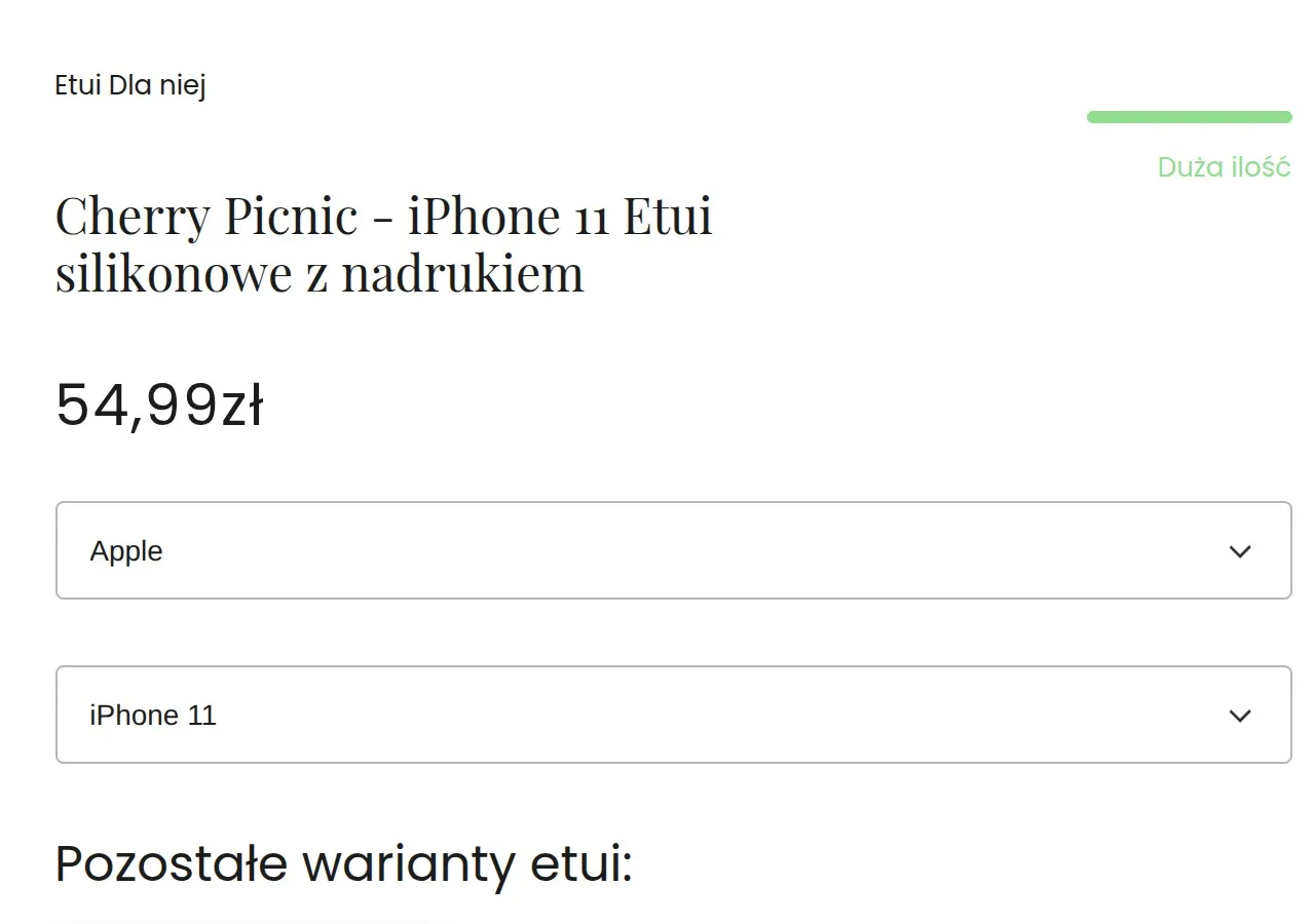 A close-up of the availability indicator on the product page, reading „Duża ilość” — a high stock level