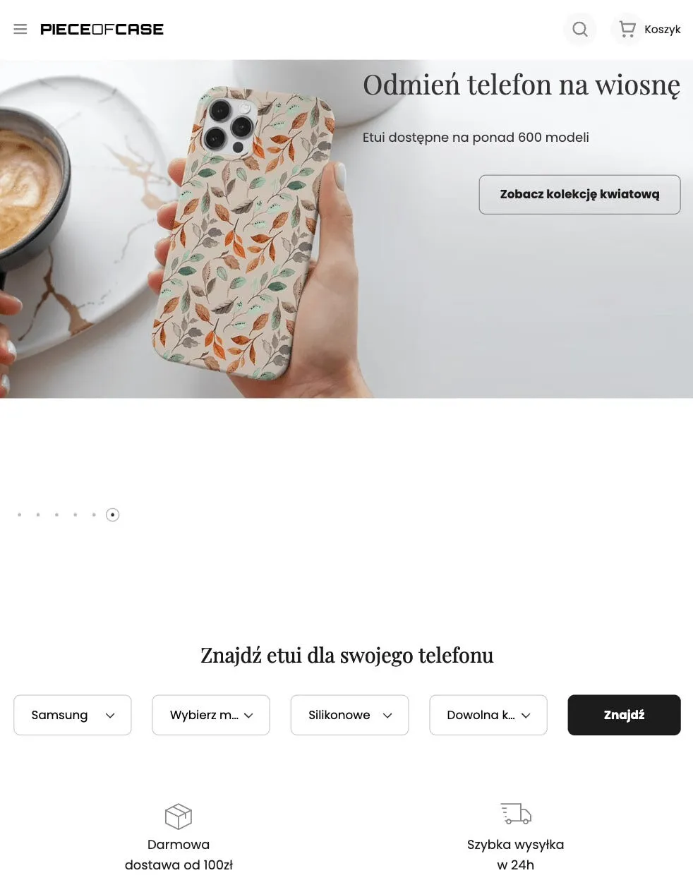 The Piece of Case store on a tablet: a collection banner and a search for cases by phone model