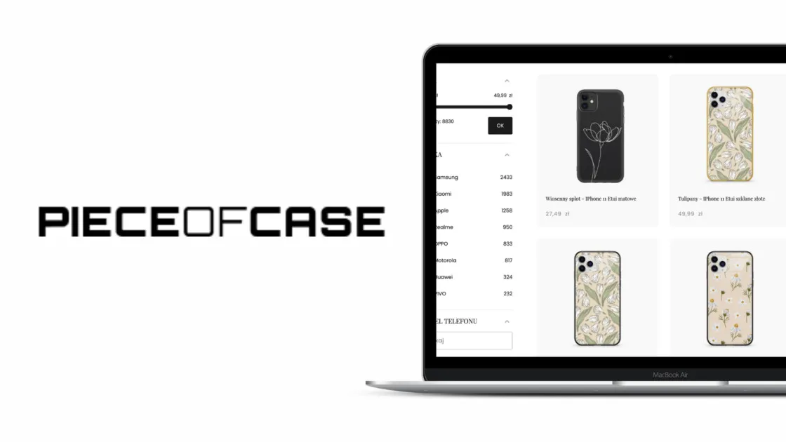 The Piece of Case brand mark beside the store's category listing as built on Magento 2, on a laptop screen