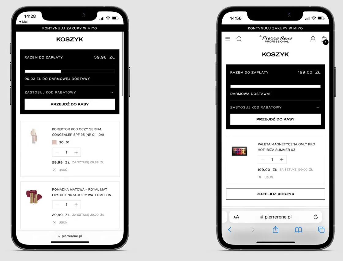The store cart on two phone screens: on the first a progress bar and the amount missing to reach free delivery, on the second the same bar filled and a free delivery message.