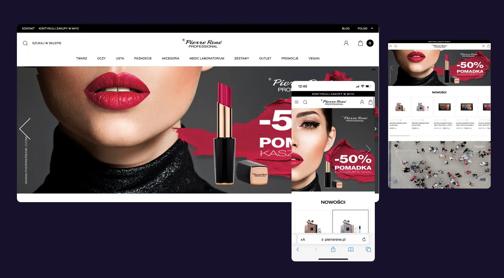 The Pierre René Professional store after the implementation in three views: desktop, tablet and mobile. In each of them a bar above the store header leads through to the Miyo store.