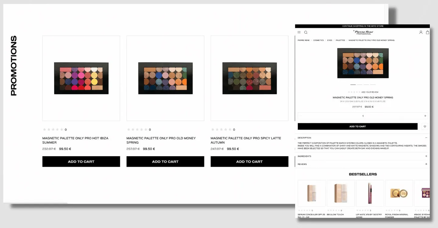 The English version of the Pierre René store: a promotions category listing and a product page with its description and a price in euros.