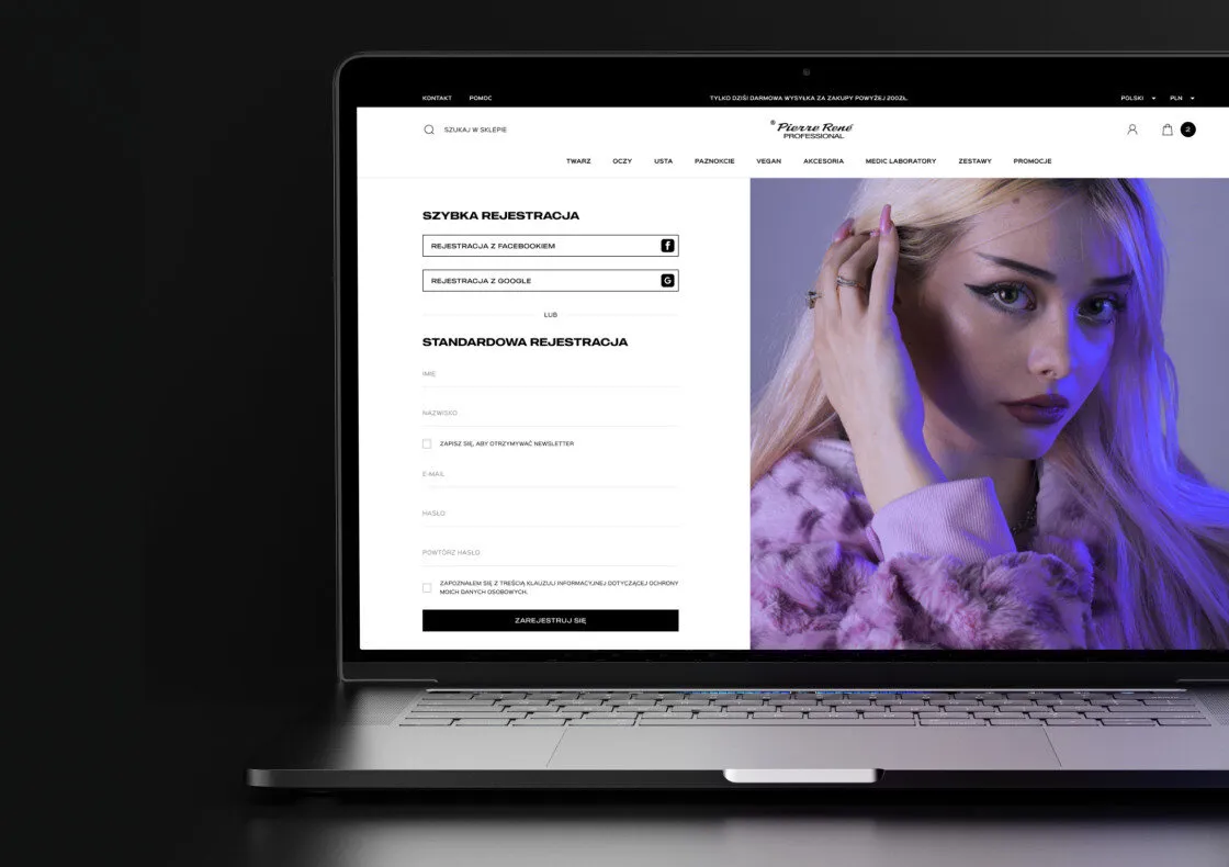 The account screen in the Pierre René store, with Facebook and Google registration buttons above the standard form.