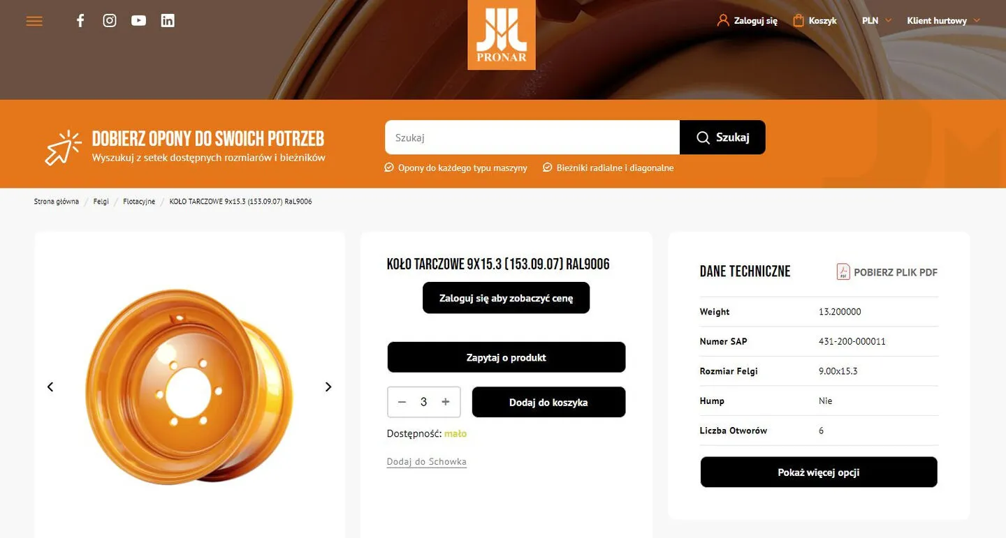 A wheel product page on the Pronar Wheels B2B website: technical data with an SAP number, a “log in to see the price” button, a product enquiry and add to basket