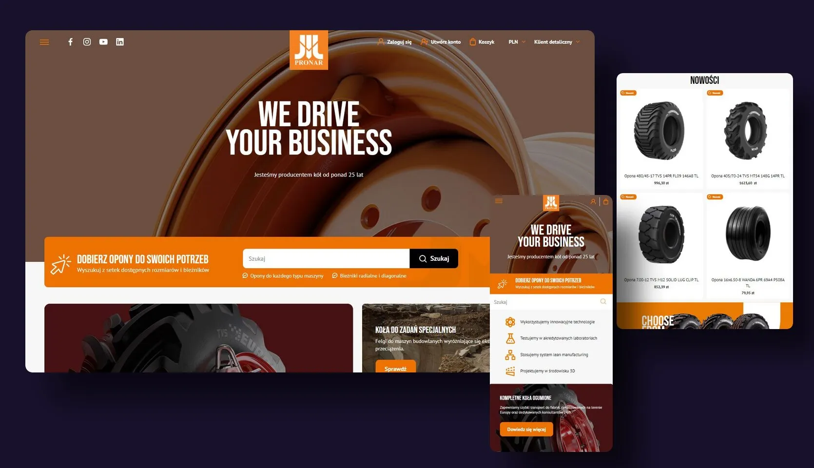 The Pronar Wheels store on Magento 2: the home page on a desktop screen, a tyre listing on a tablet and the mobile view