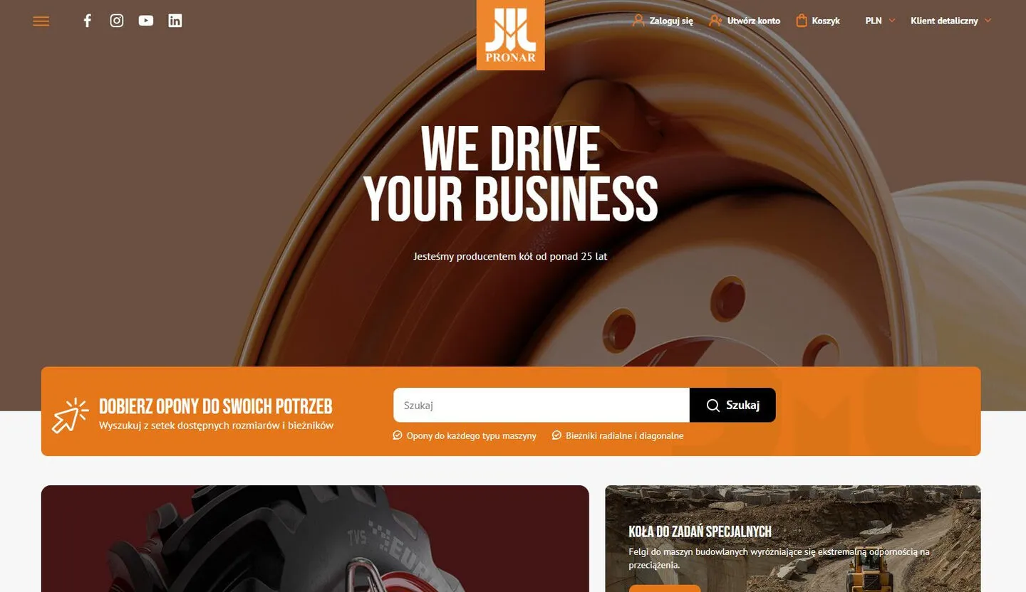 The Pronar Wheels home page: the “We drive your business” line above an orange band with the tyre finder