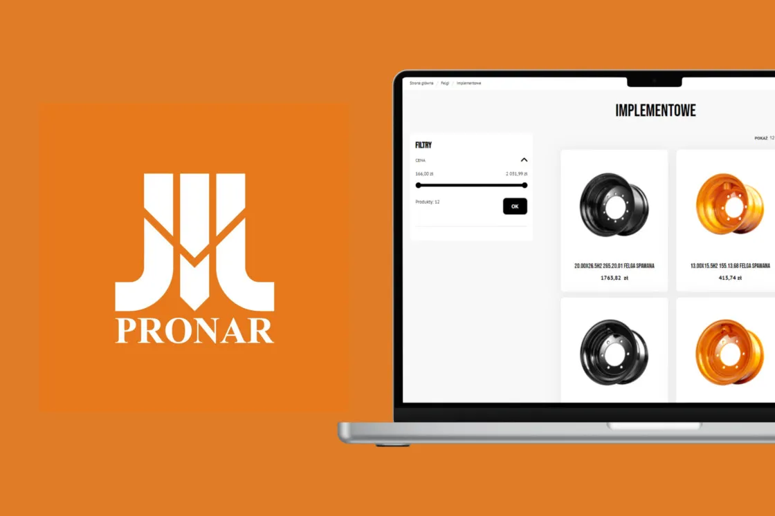 A listing of implement wheels from the Pronar Wheels store on a laptop screen, beside the Pronar logo on an orange background