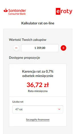 The eRaty online instalment calculator in a mobile view: the Santander Consumer Bank and eRaty marks in the header, a purchase-value field showing 1,359.00 with plus and minus buttons, a deferral proposal at 0.7% monthly interest with an instalment of 36.72 zł, a number-of-instalments list set to 47, and a link to the financial details.