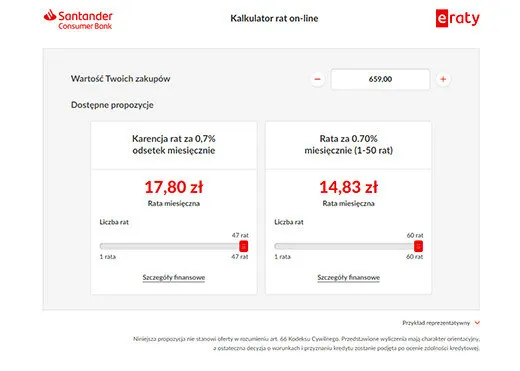 The eRaty online instalment calculator in a desktop view: the Santander Consumer Bank mark on the left, the eRaty mark on the right, a purchase-value field showing 659.00, and two financing proposals — a deferral at 0.7% monthly interest with an instalment of 17.80 zł, and an instalment at 0.70% monthly over 1 to 50 instalments at 14.83 zł — each with a slider for the number of instalments and a link to the financial details.