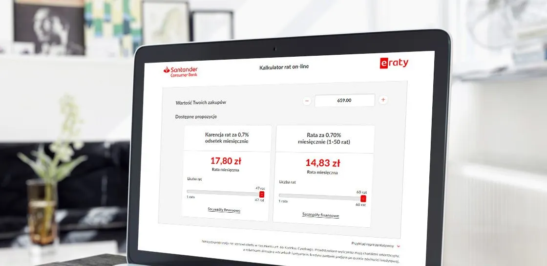 The eRaty online instalment calculator on a laptop screen: the purchase value, two financing proposals with a monthly instalment figure, sliders for the number of instalments, and the note that the calculation is indicative.