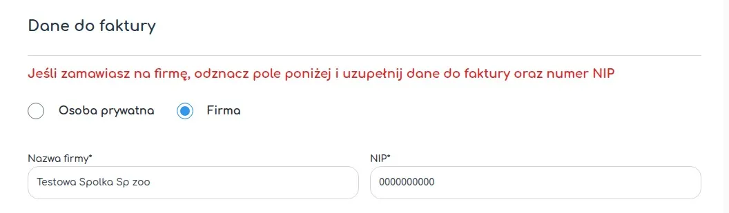 Company invoice details with a tax ID field at SklepBaterie.pl checkout