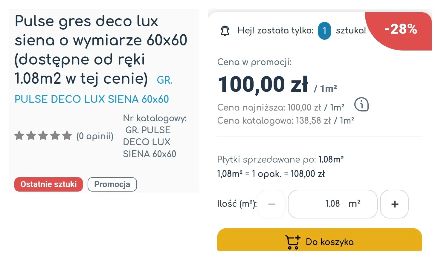 SklepBaterie.pl product page with piece, pack and square-metre conversion