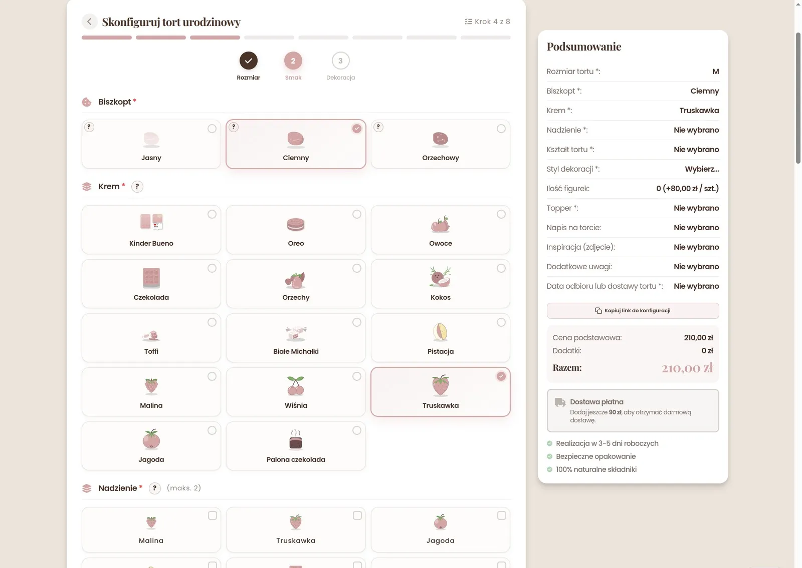 The cake configurator in the Słodka Manufaktura store: choosing the sponge and the cream, beside the order summary with the price