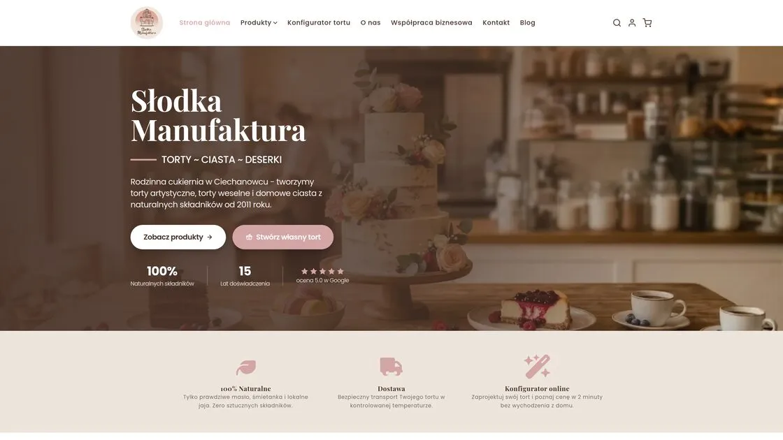 The Słodka Manufaktura home page on Shopify, with the cake configurator in the store's menu