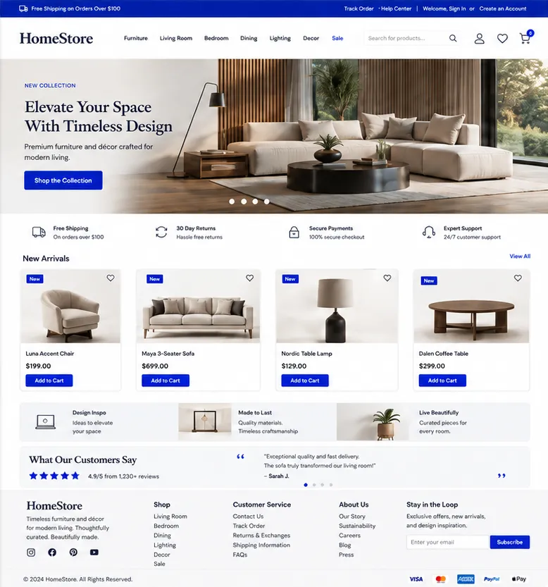 The same home page once the project is closed: a finished banner, completed sections and full navigation