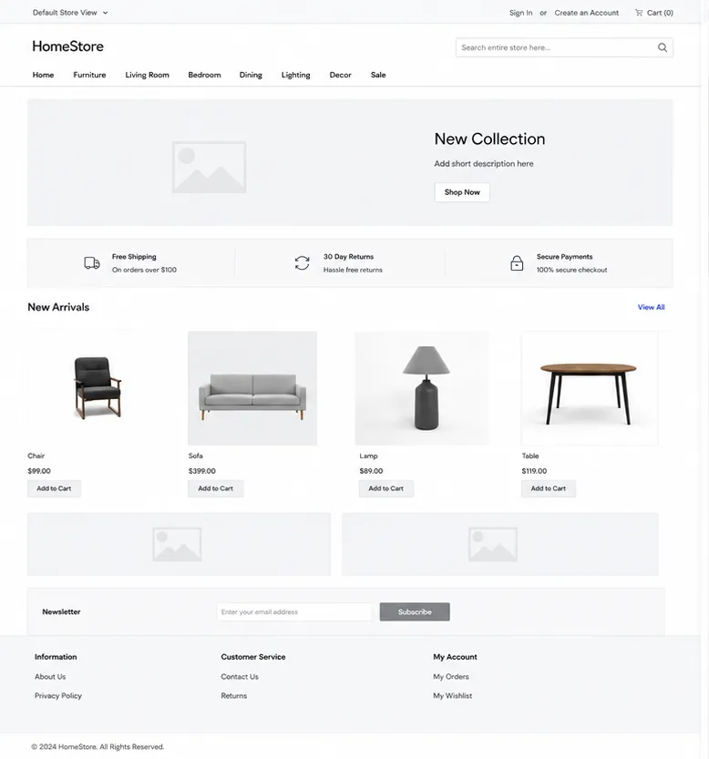 A home page on the default Magento 2 template, with an empty block where the banner belongs and unfilled descriptions