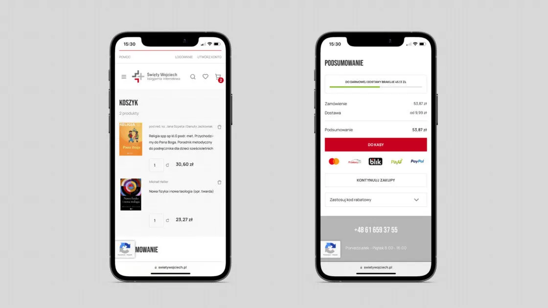 The Święty Wojciech basket on a phone, with the bar showing how much is missing for free delivery.