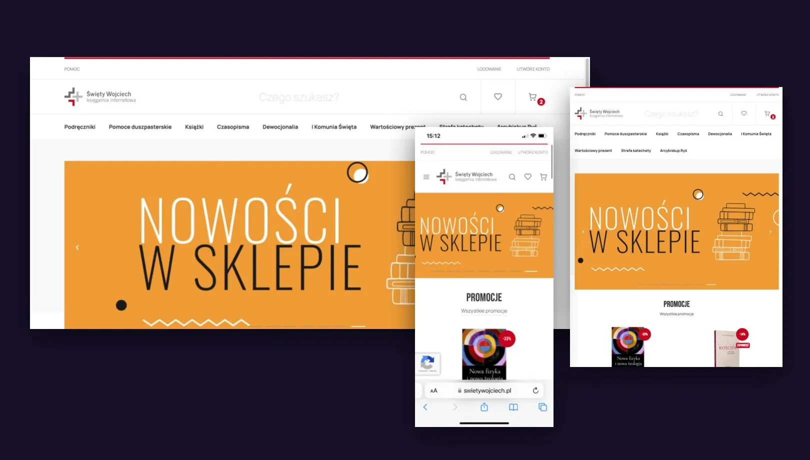 The home page of the Święty Wojciech online bookshop shown on a desktop, a tablet and a phone.
