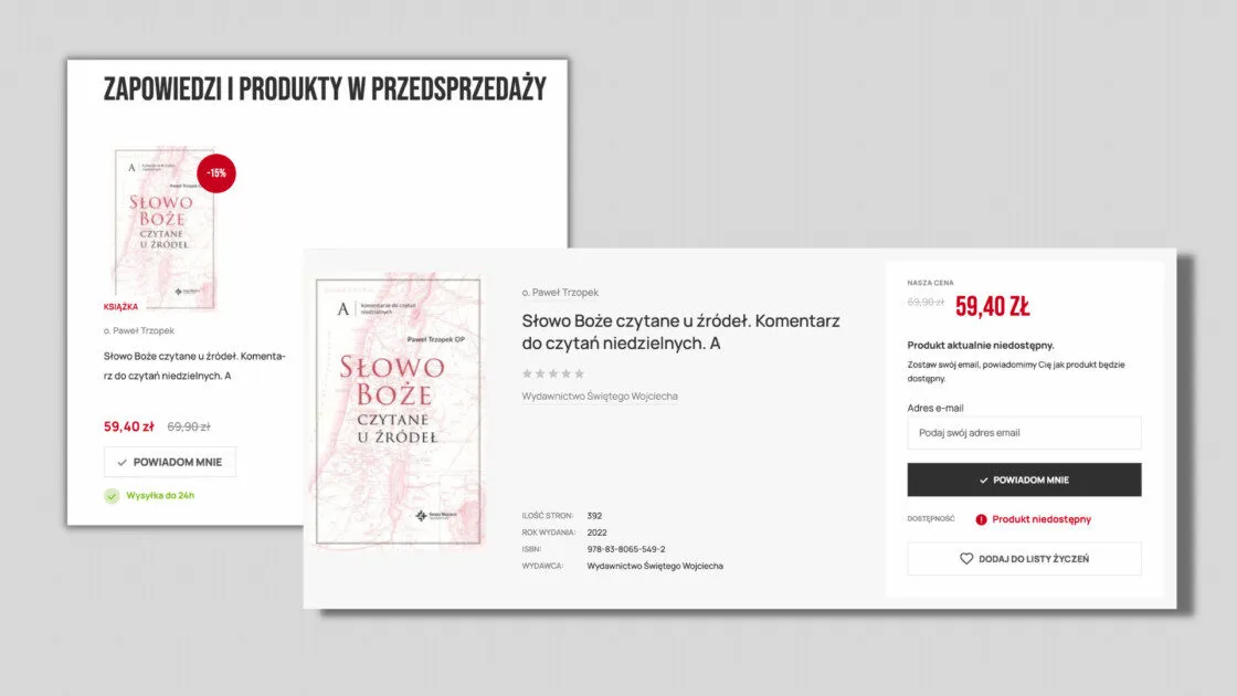 The „Zapowiedzi i produkty w przedsprzedaży” (announcements and pre-orders) block on the bookshop's home page, and a product page with a „Powiadom mnie” (notify me) button.