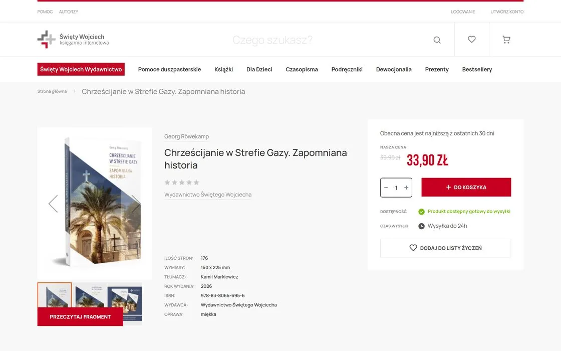 A product page in the Święty Wojciech store with the „Przeczytaj fragment” (read a sample) button under the cover thumbnails, beside the publishing data.