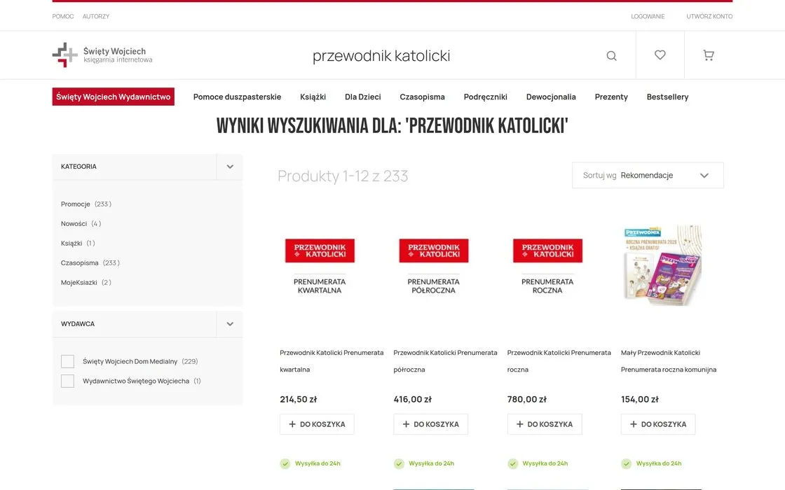 Search results in the Święty Wojciech store, with category and publisher filters beside the product list.
